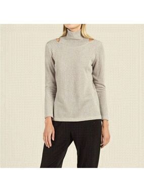 Clara Sun Woo Ribbed Knit Mock Neck Cold Shoulder Sweater, size S